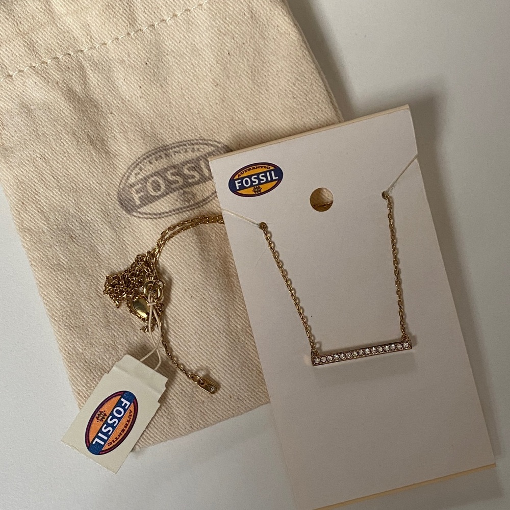 Gold Pavé Crystal Bar Fossil Necklace